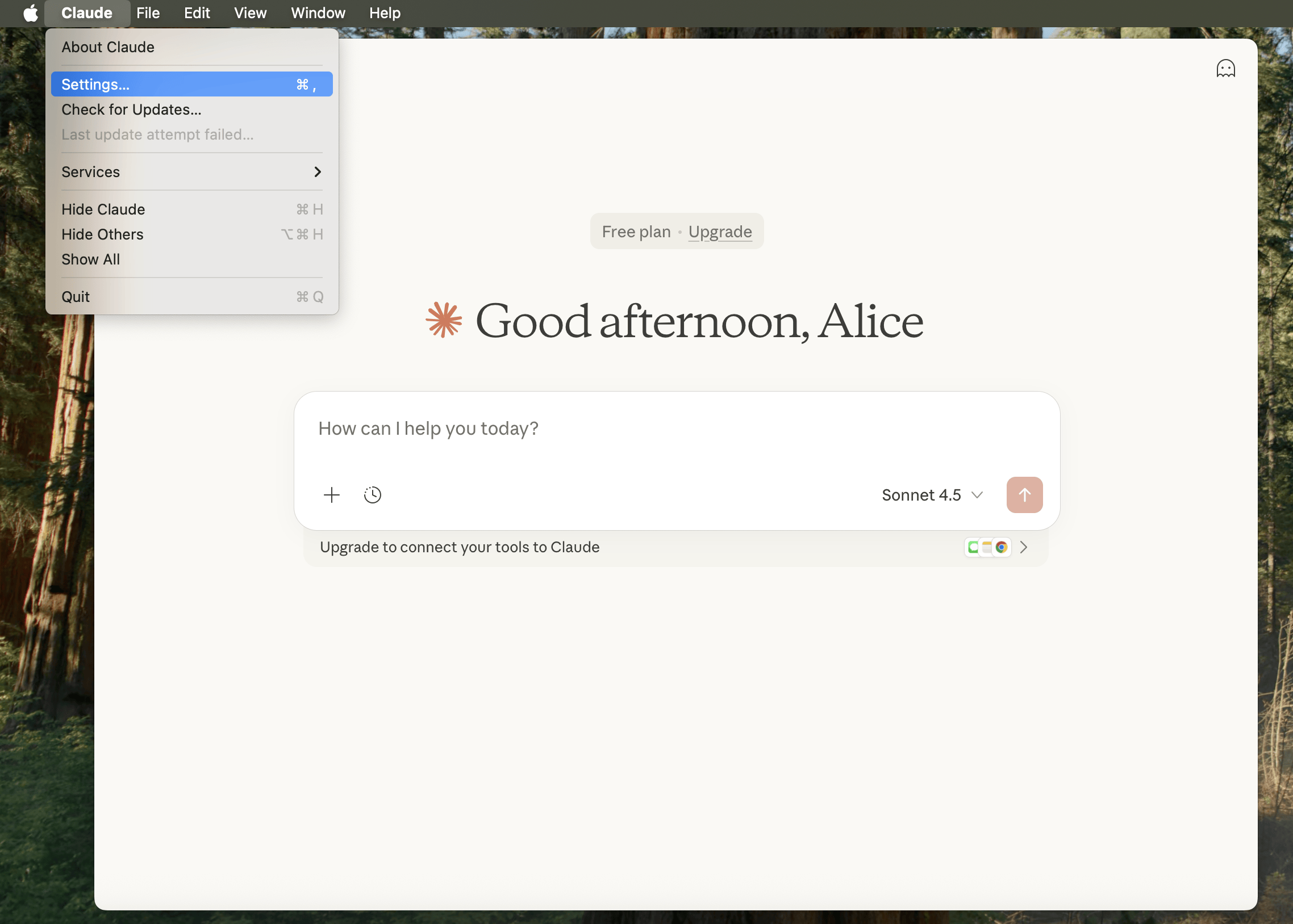 Claude Desktop settings menu