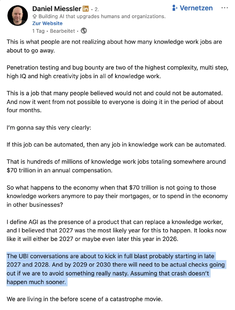 Daniel Miessler's LinkedIn post claiming pentesting automation proves all knowledge work is about to be replaced